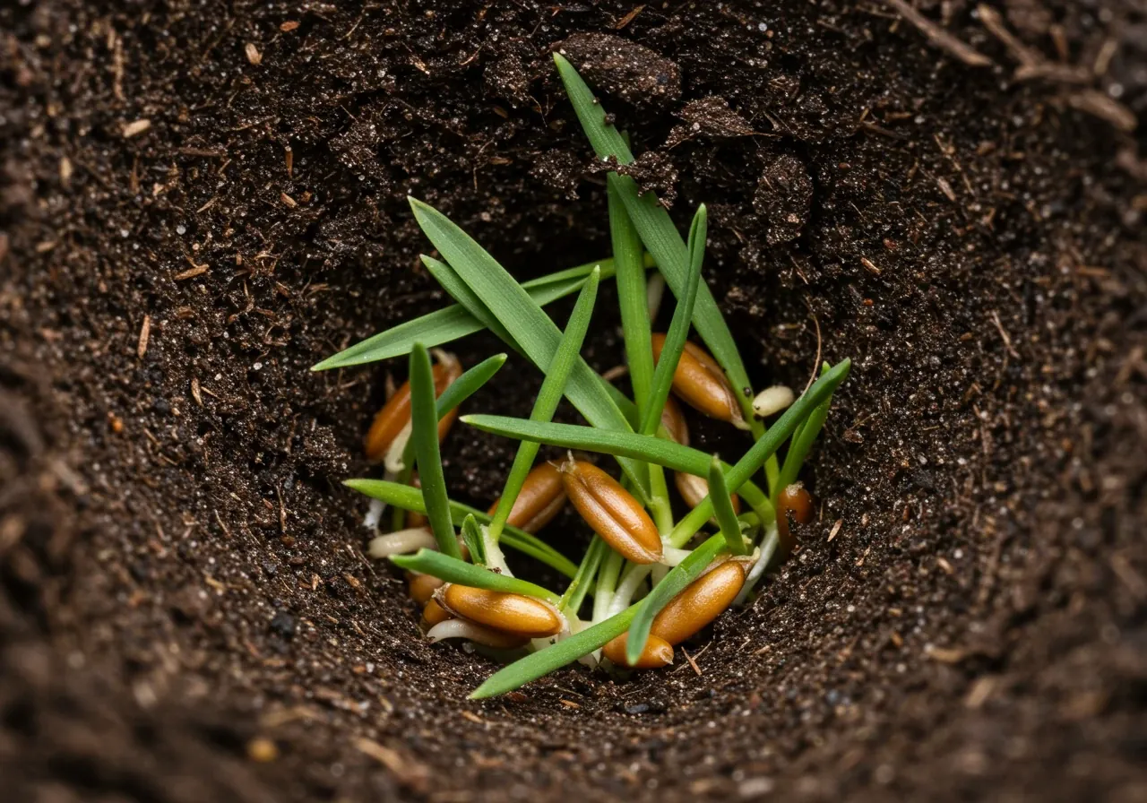 An extreme close-up, macro-style photograph focusing on several aeration holes in a lawn. Inside the holes and sprinkled nearby, grass seeds are clearly visible, nestled against the dark, moist soil, ready to germinate. This illustrates the benefit of overseeding after aeration.