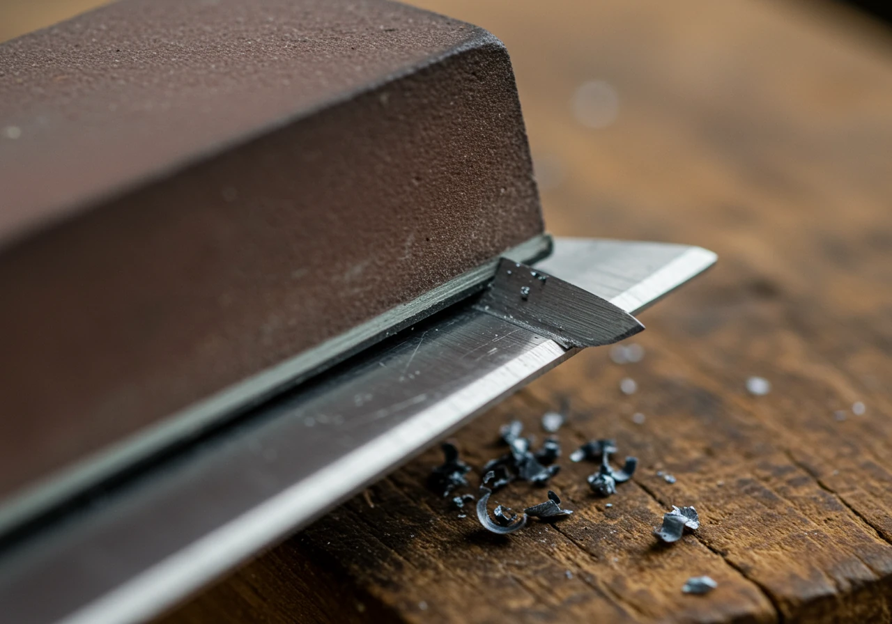 A detailed macro shot illustrating the sharpening process. Focuses on a sharpening stone (whetstone or diamond file) held at the correct angle against the beveled edge of a bypass pruner blade. Metal filings might be subtly visible. The background should be slightly blurred, suggesting a workshop or potting shed environment.