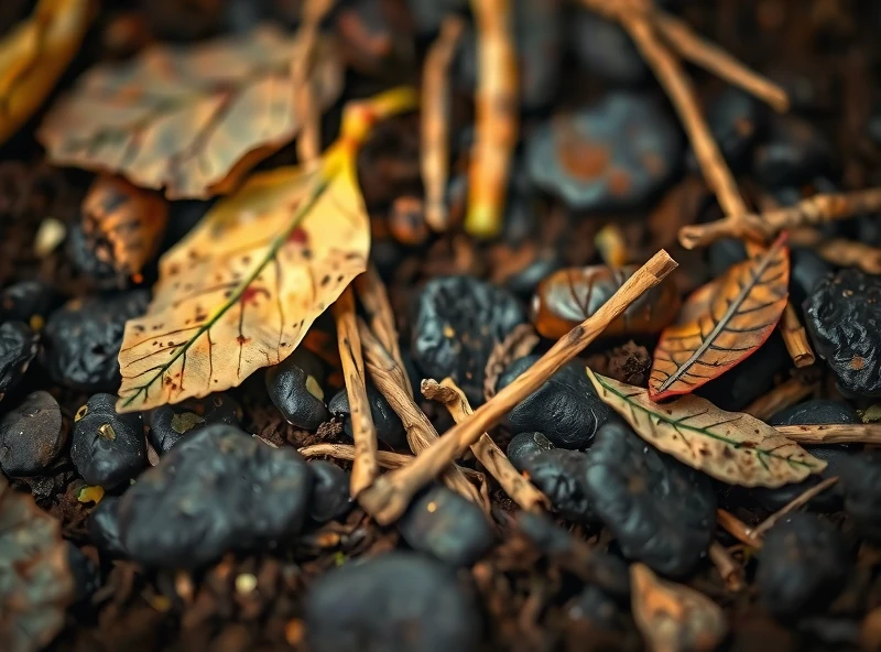 A close up of rich, dark compost, with some recognizable leaf and twig fragments. The compost should look moist and crumbly. No worms or other bugs should be visible.