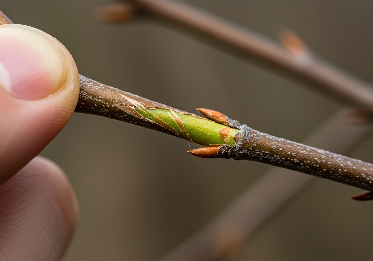 A close-up image of a deciduous shrub branch in early spring. The focus should be on demonstrating how to check for life by scratching the bark, showing the green cambium layer underneath the scratched section, contrasting with the outer brown bark.