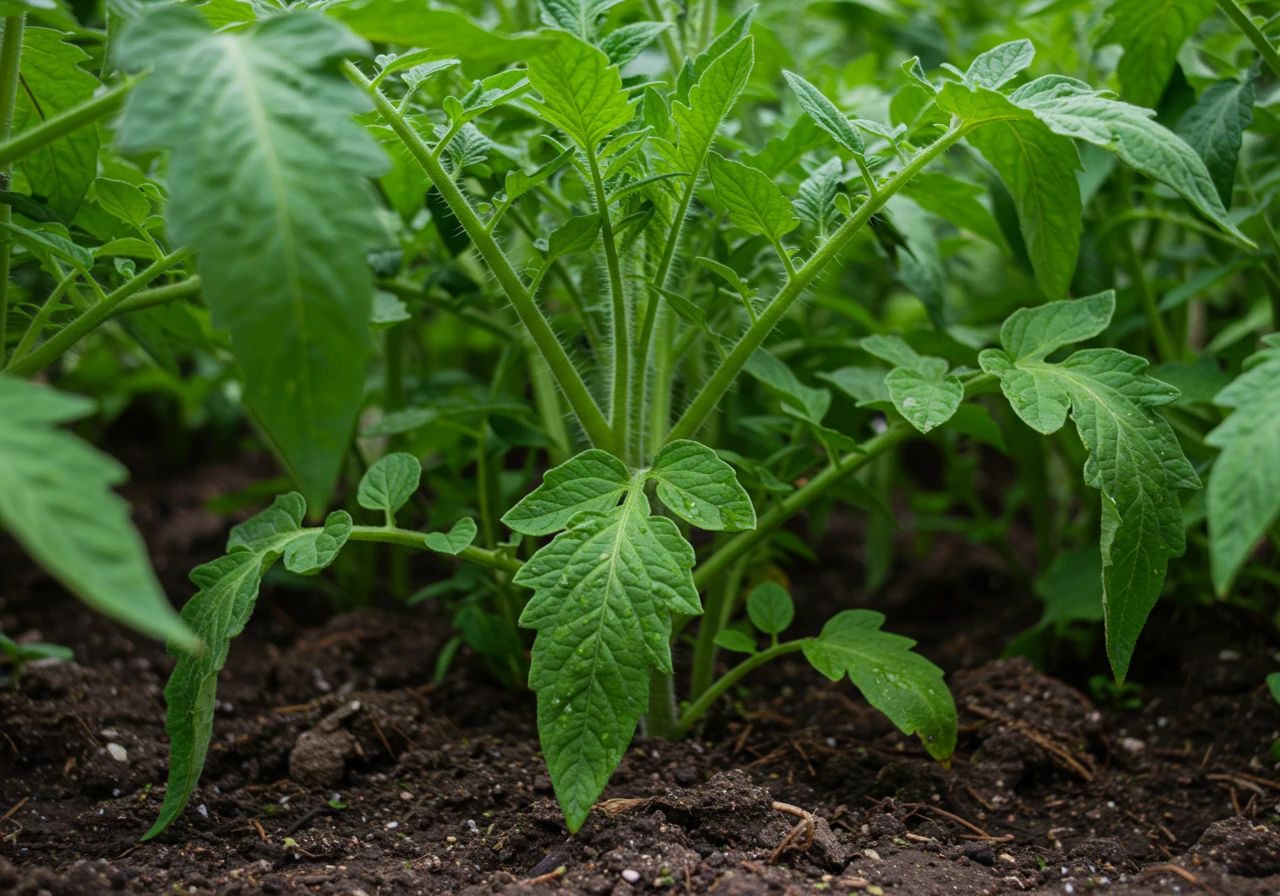 An eye-level perspective shot looking closely at the lower leaves of a tomato plant or hosta in a garden setting. The focus is on inspecting the leaves near the soil level, perhaps with a few splashes of soil visible on the lowest leaves, suggesting the need for careful observation in disease-prone areas.