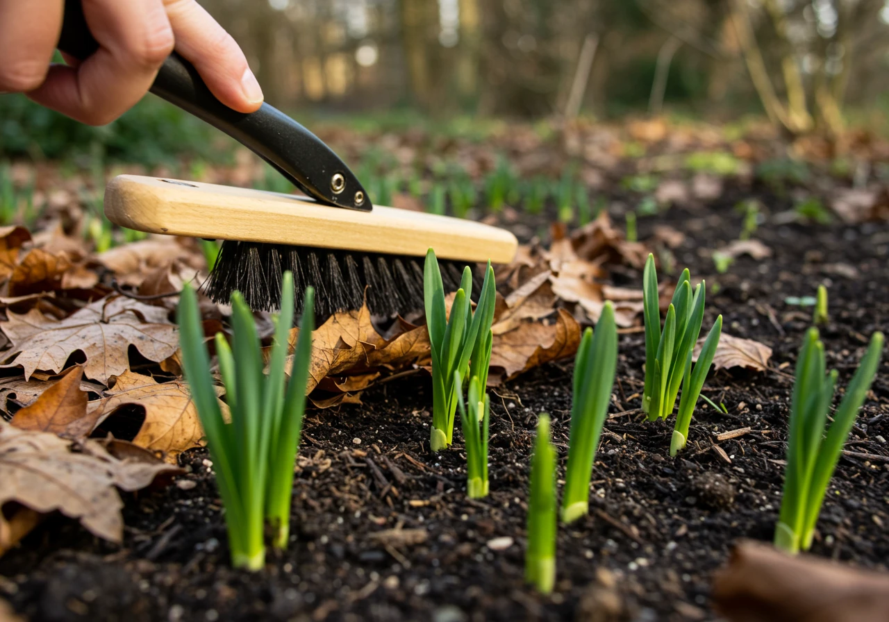 An overhead or eye-level close-up shot illustrating careful leaf removal around emerging plants. Shows brown, matted winter leaves being gently pulled back from the base of delicate, bright green perennial shoots (like hosta pips or tulip leaves) poking through the dark soil. Emphasizes care and protection of new growth.