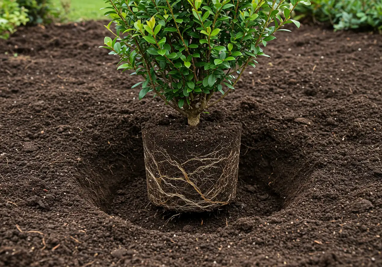 A clear illustration of the 'plant high' technique. Shows the root ball of a small shrub sitting in a prepared wide planting hole. The top surface of the root ball is clearly positioned about an inch higher than the level of the surrounding amended garden soil. The soil in the hole looks dark and crumbly (amended).