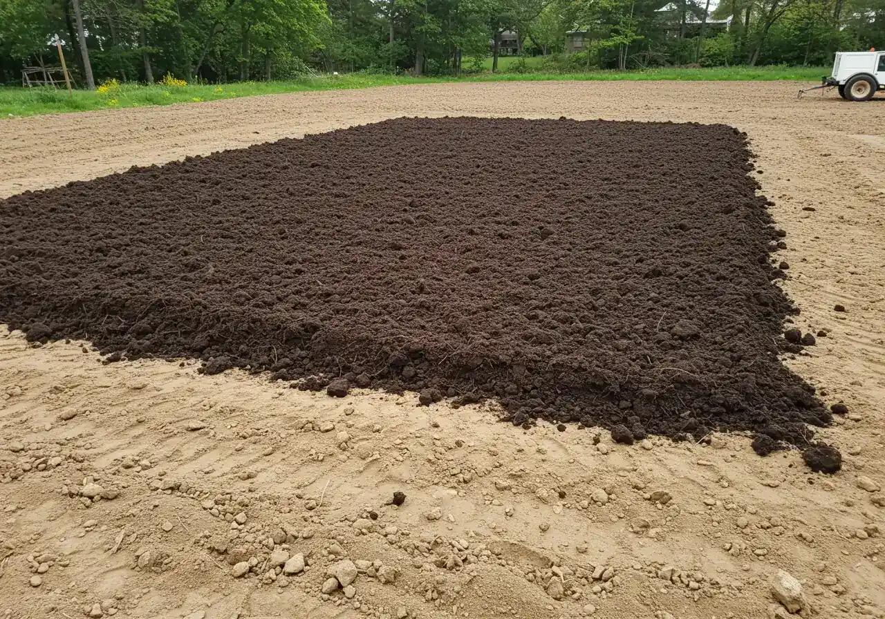 An eye-level view showing a thick, even layer of dark, rich compost being spread over a large area of lighter-colored, bare clay soil that has been roughly graded. The contrast between the dark amendment and the lighter native soil should be clear, emphasizing the soil preparation step before sod installation. No tools or people visible, just the soil layers.