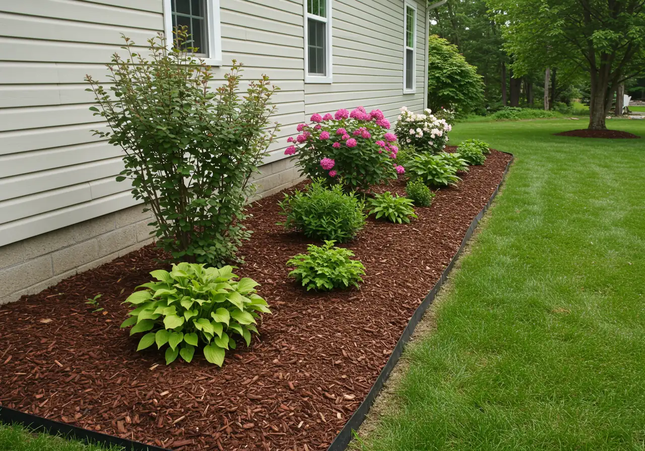 A visually appealing shot showcasing the positive outcome of proper mulching. It shows a well-defined garden bed along the front of a neat suburban house, filled with healthy, thriving perennial plants and small shrubs emerging from a fresh, even layer of dark brown mulch, creating a strong contrast with a manicured green lawn and enhancing the home's curb appeal.