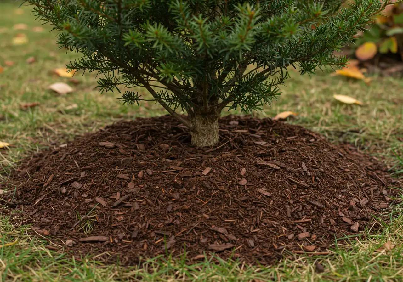 The base of a young deciduous tree or evergreen shrub properly mulched for winter protection. The image should clearly show a thick layer of organic mulch (like shredded bark) spread around the base, leaving a noticeable gap around the trunk/stem.