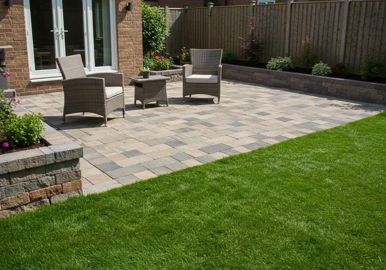 An inviting photograph showcasing a well-constructed and popular hardscaping feature: an interlock paver patio integrated seamlessly into a backyard. The patio features quality materials, perhaps a decorative border, and leads invitingly towards a lush lawn or garden area. Empty, stylish outdoor furniture is placed on the patio to suggest its function as an outdoor living space.
