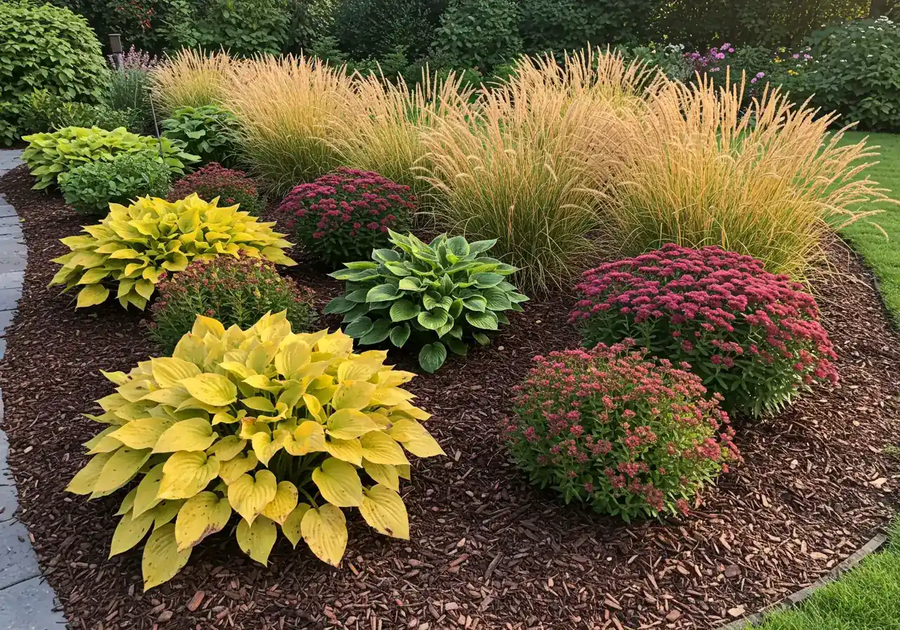 A healthy, well-spaced perennial garden bed in fall, showcasing vibrant plants ready for winter after division.