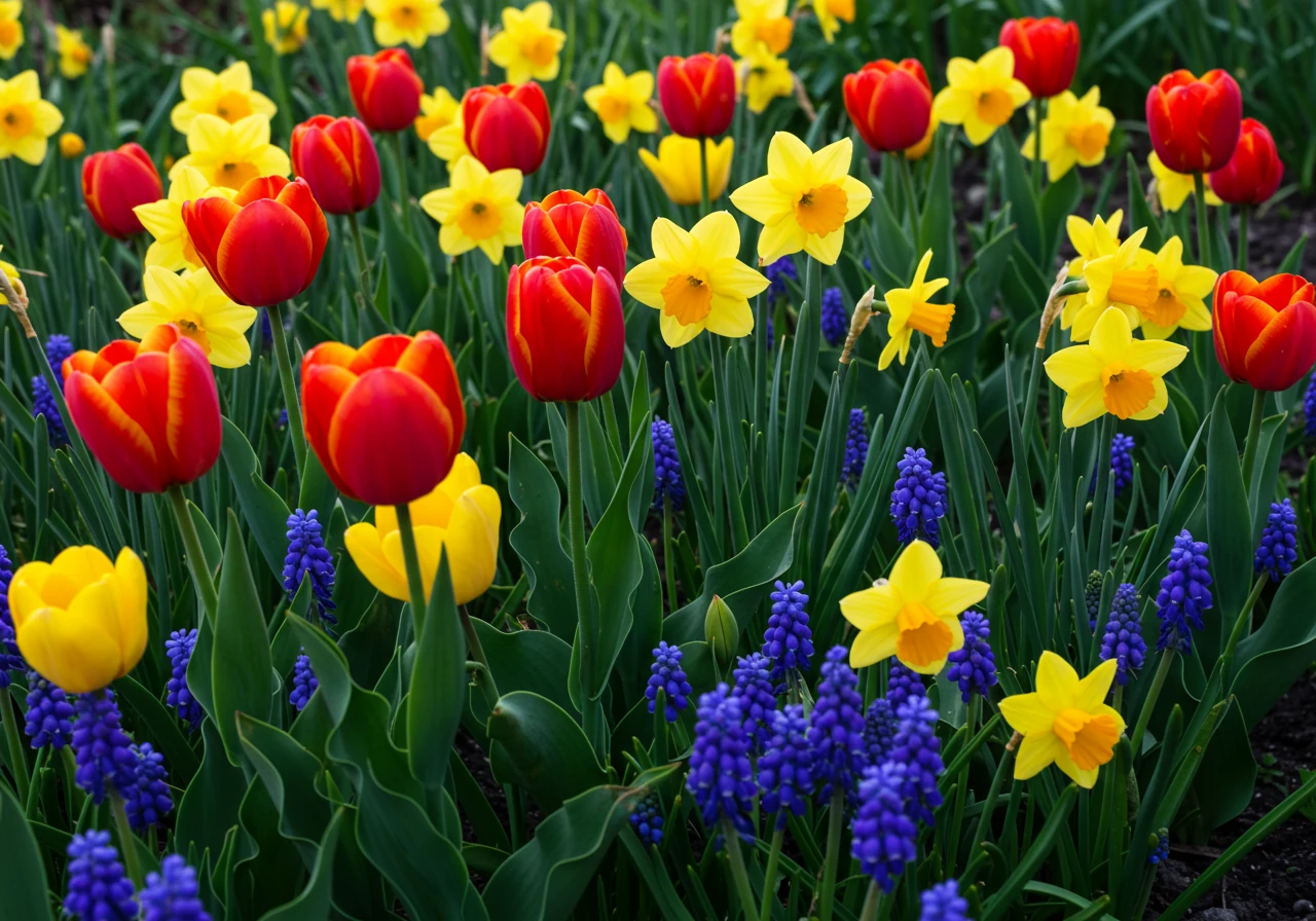 A vibrant cluster of mixed spring bulbs (e.g., tulips, daffodils, grape hyacinths) blooming profusely in a garden bed. This illustrates tracking bulb performance and planning for staggered bloom times, as mentioned in the section. Bright, cheerful sunlight emphasizes the reward of careful planning.