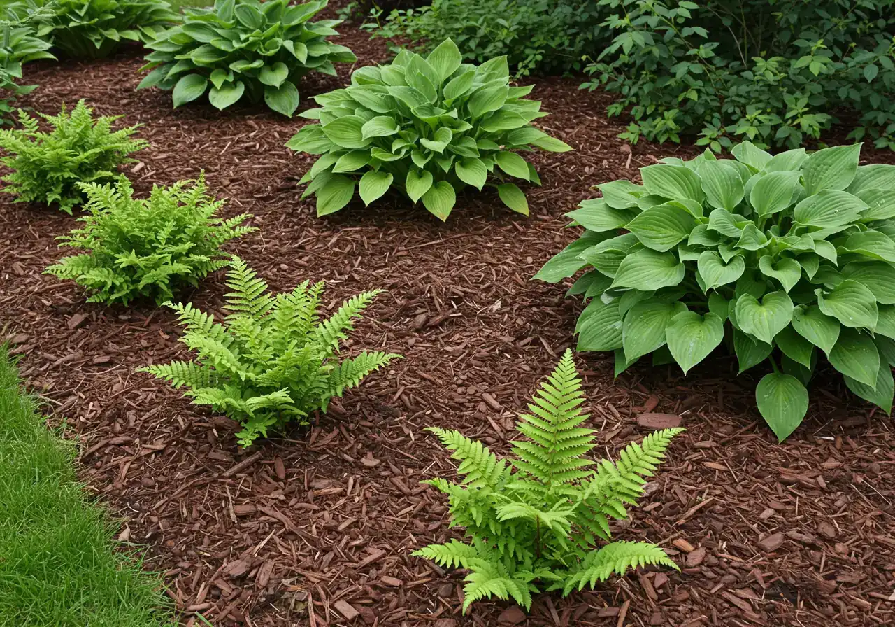 A well-maintained garden bed featuring healthy green plants (like ferns or small shrubs) emerging from a thick, even layer (2-3 inches) of dark brown shredded bark mulch. The image should clearly show the texture of the mulch and the neat separation between the mulch and the base of the plant stems, demonstrating proper mulching technique.