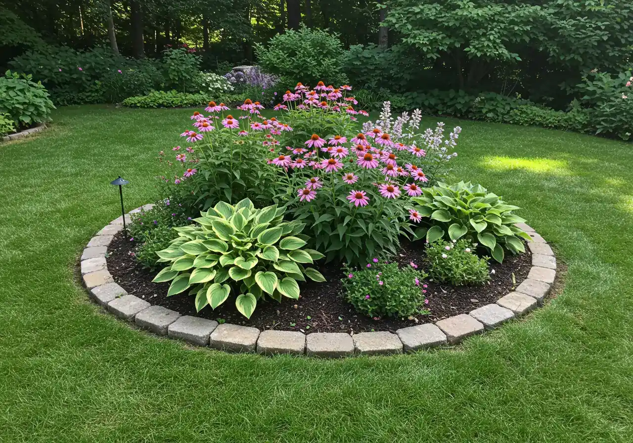 An eye-level photograph showcasing a beautiful, newly planted small circular garden bed situated in a lush green lawn, exactly where a stump might have been removed. The bed is filled with vibrant, healthy perennials like purple coneflowers and hostas, possibly edged with simple stones, demonstrating a positive use of the reclaimed space.