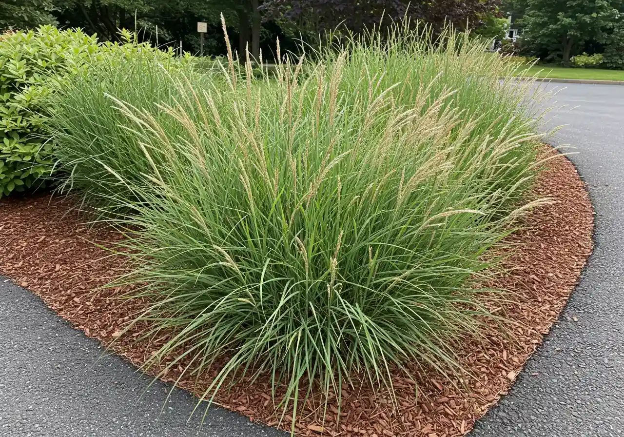 A photograph showcasing a healthy, mature example of a salt-tolerant ornamental grass, such as Feather Reed Grass ('Karl Foerster'), planted attractively in a garden border right next to a paved driveway or road edge, demonstrating successful planting in a high-risk zone.