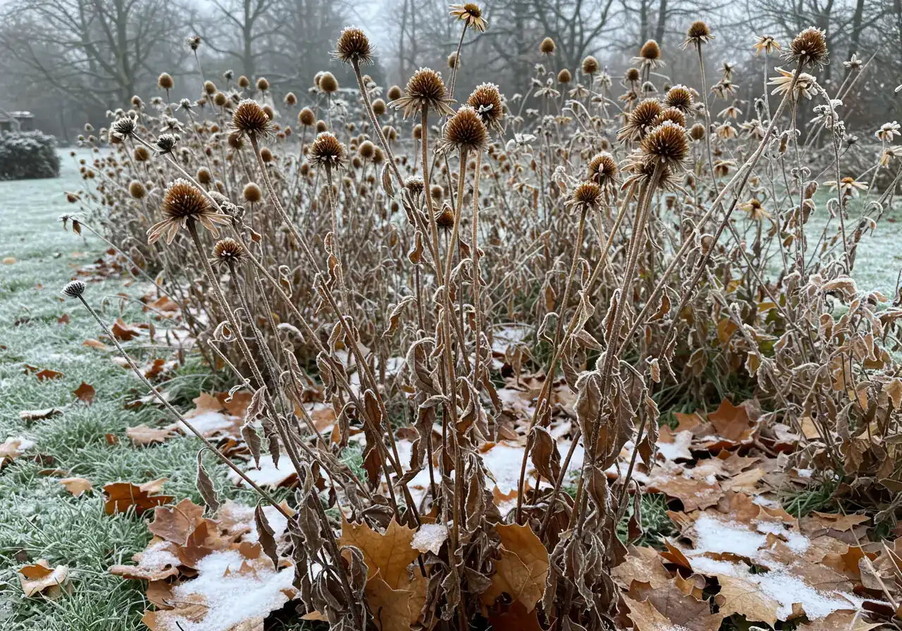 A winter interest photograph illustrating the practice of leaving plant stems standing. The image should show a section of a garden bed in late fall or winter, possibly with a light dusting of snow or frost. Focus on the dried, sturdy stems and seed heads of plants like Coneflowers (*Echinacea*) or Black-Eyed Susans (*Rudbeckia hirta*) standing upright. Some dried, brown leaves could be scattered naturally on the ground around the base. The lighting should be soft winter light, emphasizing the texture and structure of the dormant plants providing shelter.