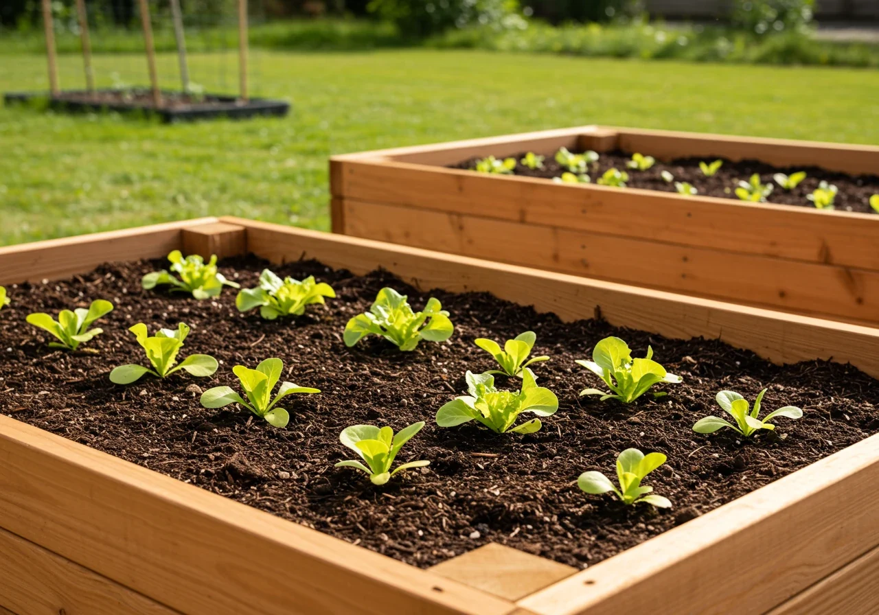A visually appealing photograph of one or two well-constructed raised garden beds. The beds should be made of wood or stone, clearly elevated from the ground level, and filled with dark, healthy soil. Small, young plants (like lettuce seedlings or herbs) could be neatly planted within. The image should emphasize the accessibility and reduced bending required.