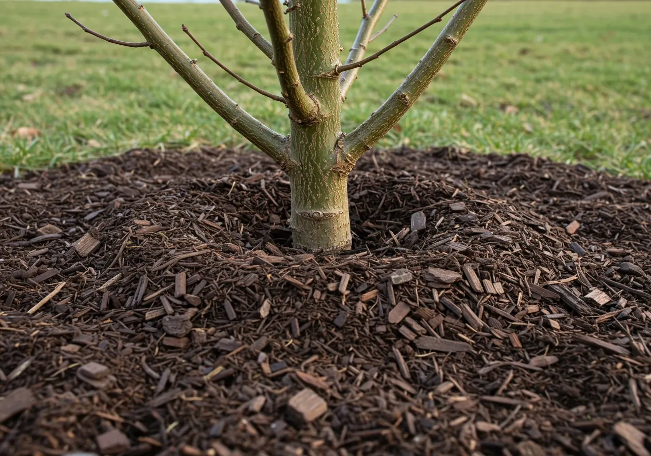 A clear, top-down or slightly angled close-up view demonstrating the correct mulching technique around the base of a young shrub or small tree. The image needs to clearly show a ring of organic mulch (e.g., dark wood chips) spread evenly on the soil surface, with a distinct gap of several inches left clear around the plant's main stem, illustrating the 'doughnut' shape versus the incorrect 'volcano' piling.