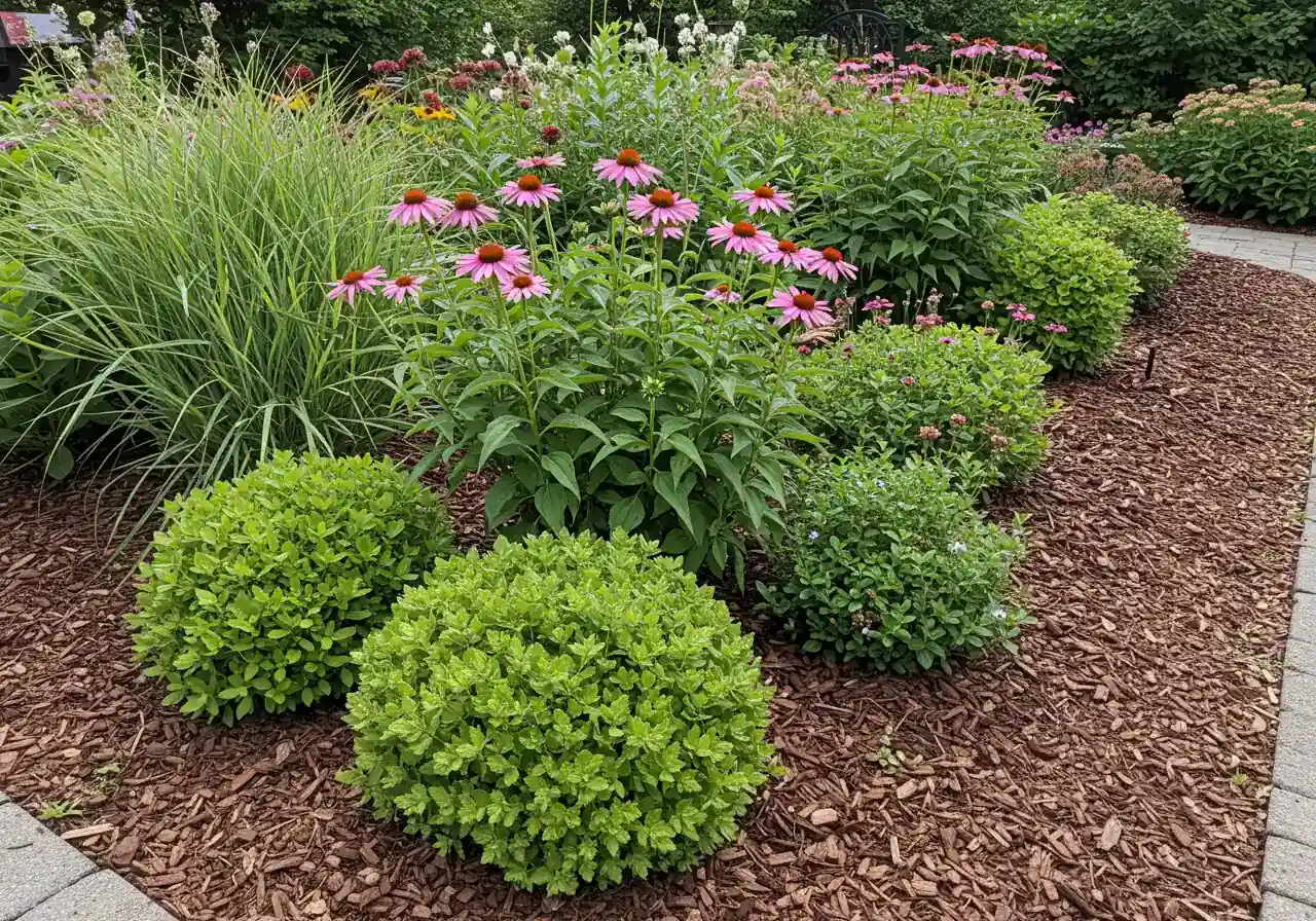A visually appealing shot of a well-maintained garden bed demonstrating good plant spacing for air circulation. Show several healthy perennial plants (e.g., coneflowers, sedum, grasses) thriving with visible space between each plant, set against a backdrop of dark brown mulch.