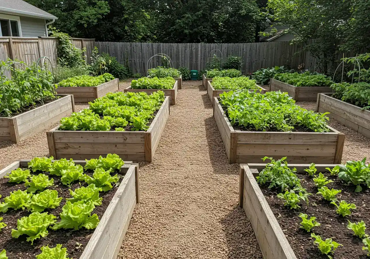 A visually appealing garden scene showcasing well-constructed wooden raised garden beds. The beds are filled with healthy, thriving vegetable plants (like tomatoes or leafy greens) and dark, rich soil. A clear, wide pathway made of gravel or paving stones runs alongside the beds, emphasizing accessibility and reduced bending.