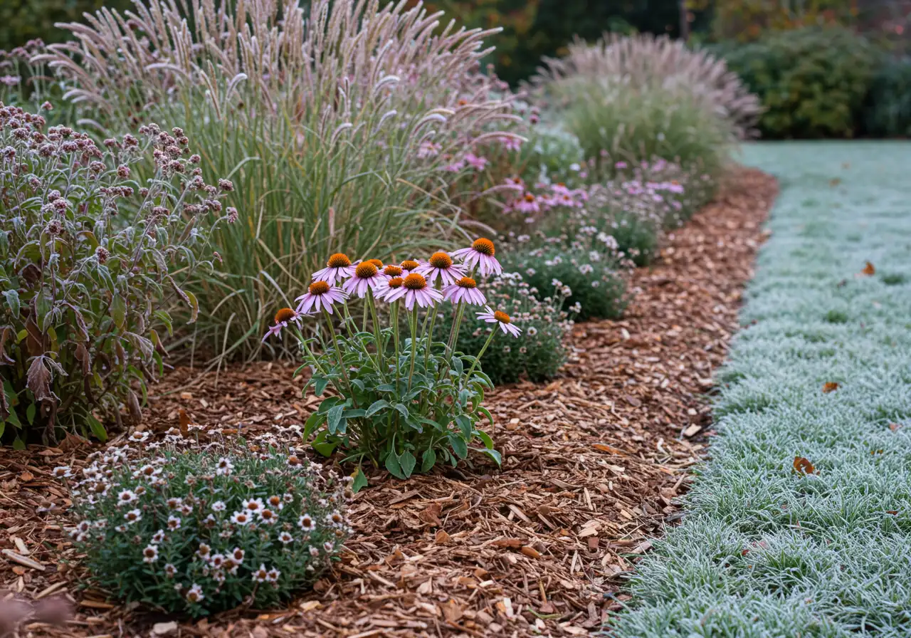An image depicting a cleaned-up fall garden bed contrasted with remaining elements. Show a section of a garden bed where faded perennial stalks (like hostas or daylilies) have been cut back neatly close to the ground, while nearby, sturdy seed heads of plants like coneflowers or ornamental grasses are left standing for winter interest. A light layer of shredded leaf mulch could be visible on the soil surface. The overall impression should be tidy but also acknowledge leaving some elements for winter.