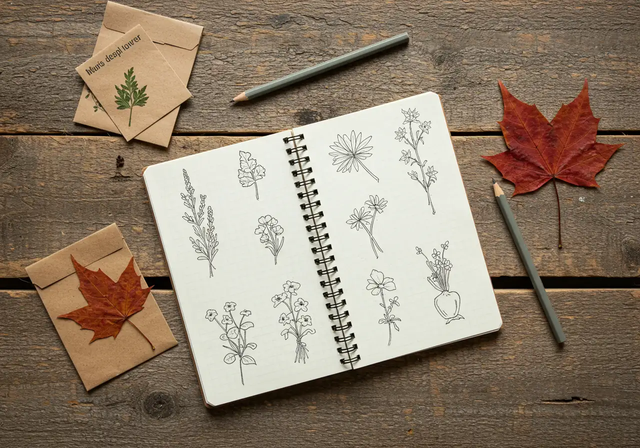 An aesthetically pleasing flat lay photograph featuring an open, slightly weathered spiral-bound notebook. The pages show simple handwritten notes (stylized illegible text) and perhaps basic hand-drawn plant or layout sketches. A graphite pencil, a couple of empty seed packets (generic illustration, no brand names), and a single pressed, colourful autumn leaf rest beside it on a rustic wooden garden table background.