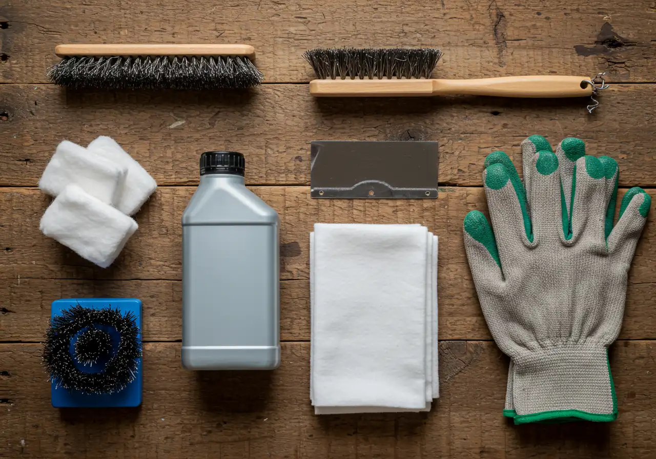A neatly arranged flat lay composition of essential garden tool cleaning supplies on a rustic wooden workbench surface. Includes items like a wire brush, a stiff-bristled scrub brush, a generic unlabeled bottle of lubricating oil, clean cotton rags, a pair of durable gardening gloves, and perhaps a small metal pail or scraper. Items look clean and ready for use, without any visible brand names or text.