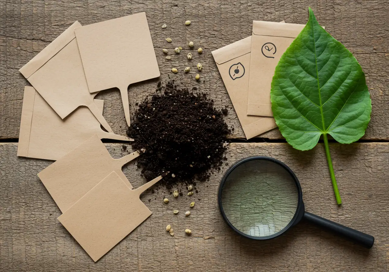 A visually appealing flat lay composition on a rustic wooden surface. It includes several blank wooden plant tags, a small pile of rich compost soil, a few different types of heirloom seeds in simple packets (packets have no text, perhaps just a simple illustrative icon like a tomato or bean), and maybe a magnifying glass positioned near a vibrant, healthy plant leaf. No notebook or pen.
