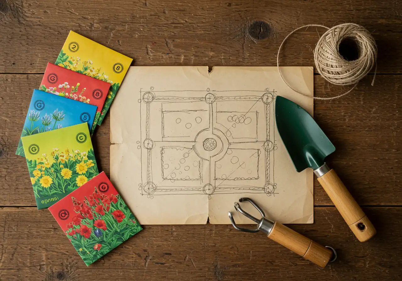 A flat lay image capturing the essence of winter garden planning. It could feature several generic seed packets (no text visible), a simple hand-drawn garden layout sketch (just shapes, no writing), and perhaps a clean hand trowel or small garden stakes arranged neatly on a wooden tabletop surface.