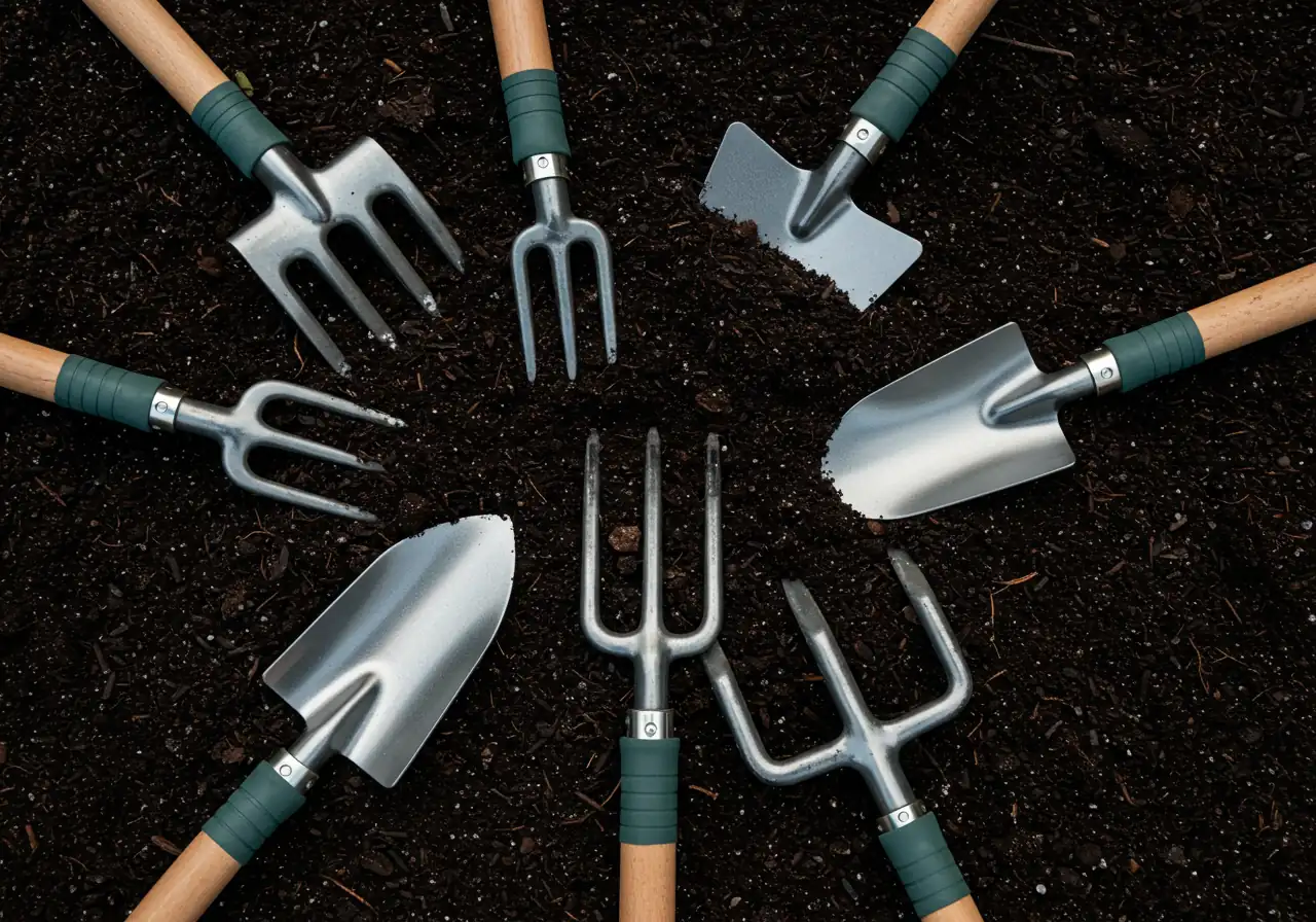 An overhead flat lay composition showcasing the heads and upper handles of several key ergonomic gardening tools mentioned (pointed shovel, flat spade, digging fork, broadfork tines) arranged neatly on a surface of dark, loosened garden soil mixed with compost. Focus on the tool designs and the improved soil texture.