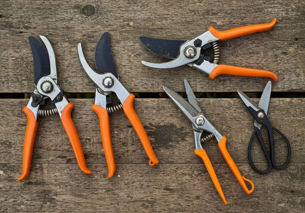 A visually appealing flat-lay arrangement of the essential tools for deadheading, emphasizing cleanliness and readiness. Tools like bypass pruners and floral snips are neatly placed on a natural surface like weathered wood or stone, suggesting preparedness for the task.