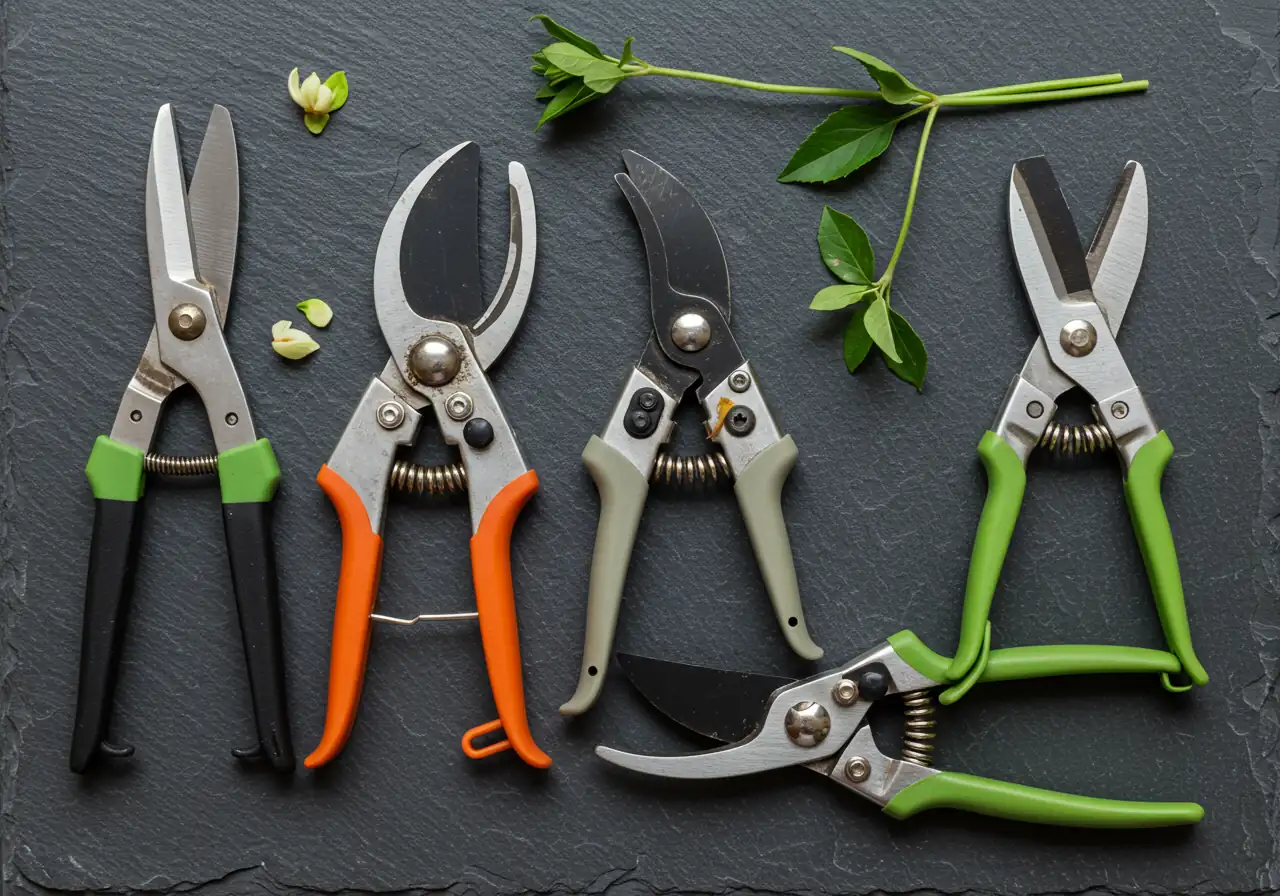An overhead, neatly arranged photograph displaying the essential tools for deadheading on a clean, neutral surface like weathered wood or slate. Show a pair of sharp bypass pruners, smaller floral snips, and garden shears, highlighting their clean blades and readiness for use.