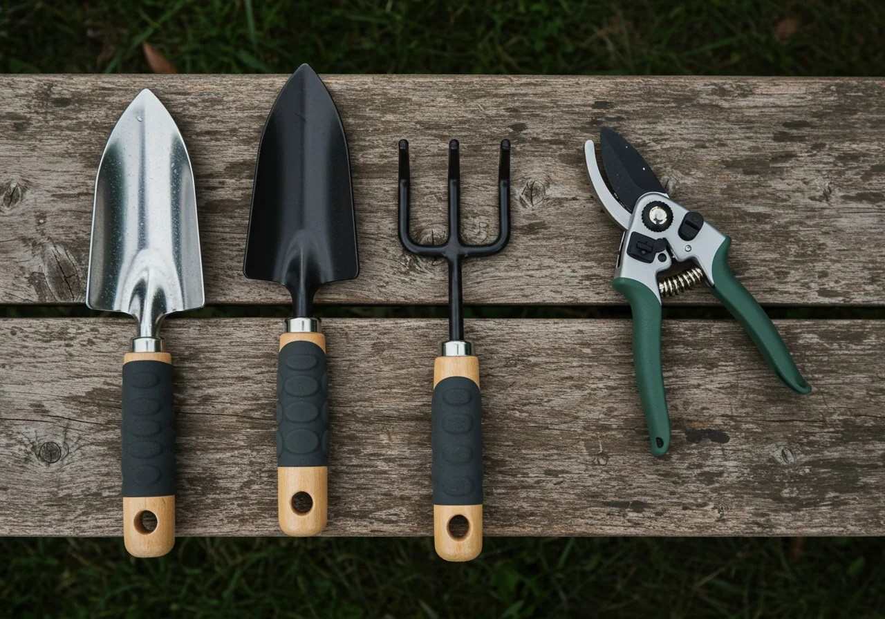 A visually appealing flat-lay arrangement showcasing several key ergonomic hand tools discussed in the section. This image would break up the text-heavy list and provide clear visual examples of what ergonomic designs look like.