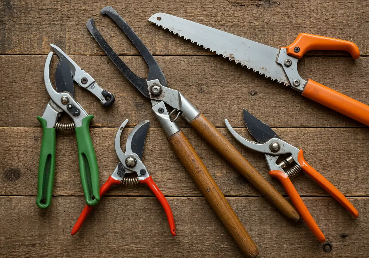 An image showcasing essential hand pruning tools laid out neatly on a weathered wooden surface or workbench. Include clean bypass pruners, long-handled loppers, and a small pruning saw. Focus on the tools themselves, implying readiness for a DIY pruning task.
