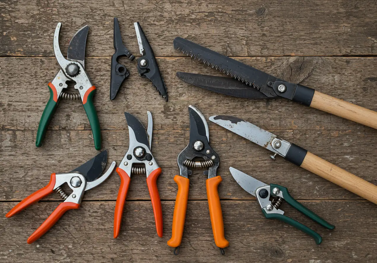 A still life arrangement of the essential pruning tools mentioned in the article (bypass pruners, loppers, folding saw) laid out cleanly. This reinforces the 'toolkit' concept and emphasizes the importance of sharp, clean tools.