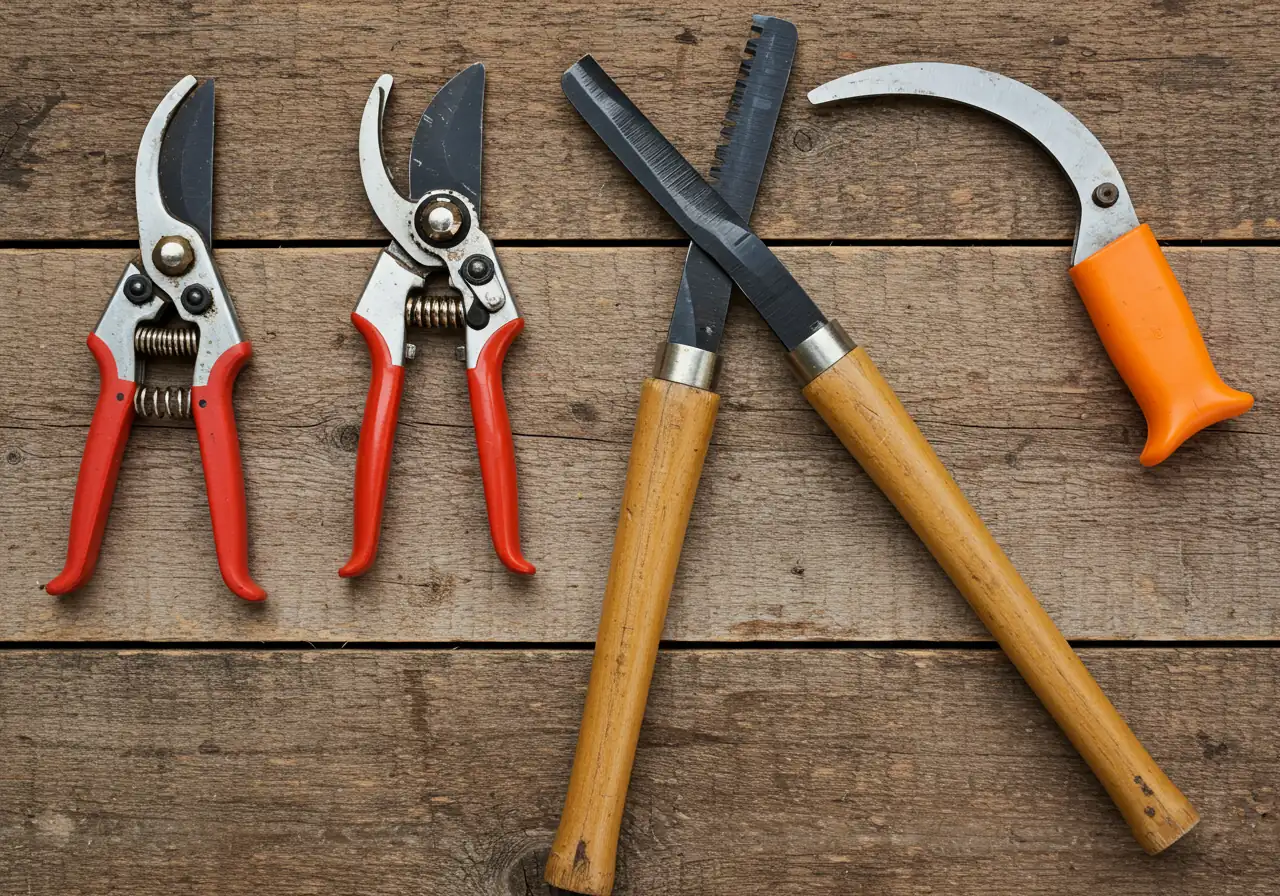 A clean, well-lit flat lay arrangement of the essential pruning tools mentioned. The image should show sharp bypass hand pruners (secateurs), long-handled loppers, and a pruning saw laid out neatly, perhaps on a clean patch of lawn or a weathered wooden surface. This helps readers visually identify the necessary equipment.