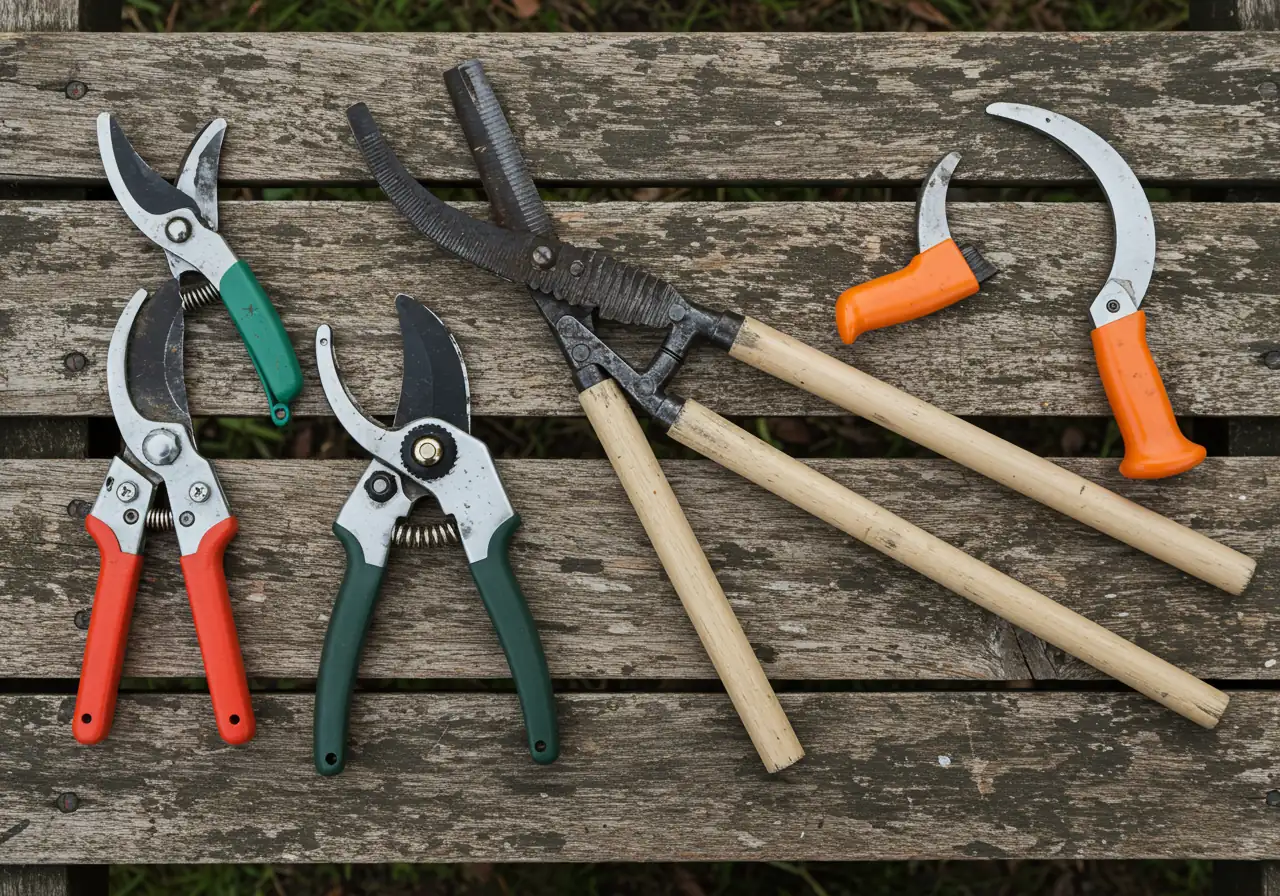 A clean, organized flat lay image showcasing the essential pruning tools mentioned: a pair of sharp bypass pruners, long-handled loppers, and a small, curved pruning saw. The tools should look well-maintained and be arranged neatly on a simple, natural surface like weathered wood or slate.