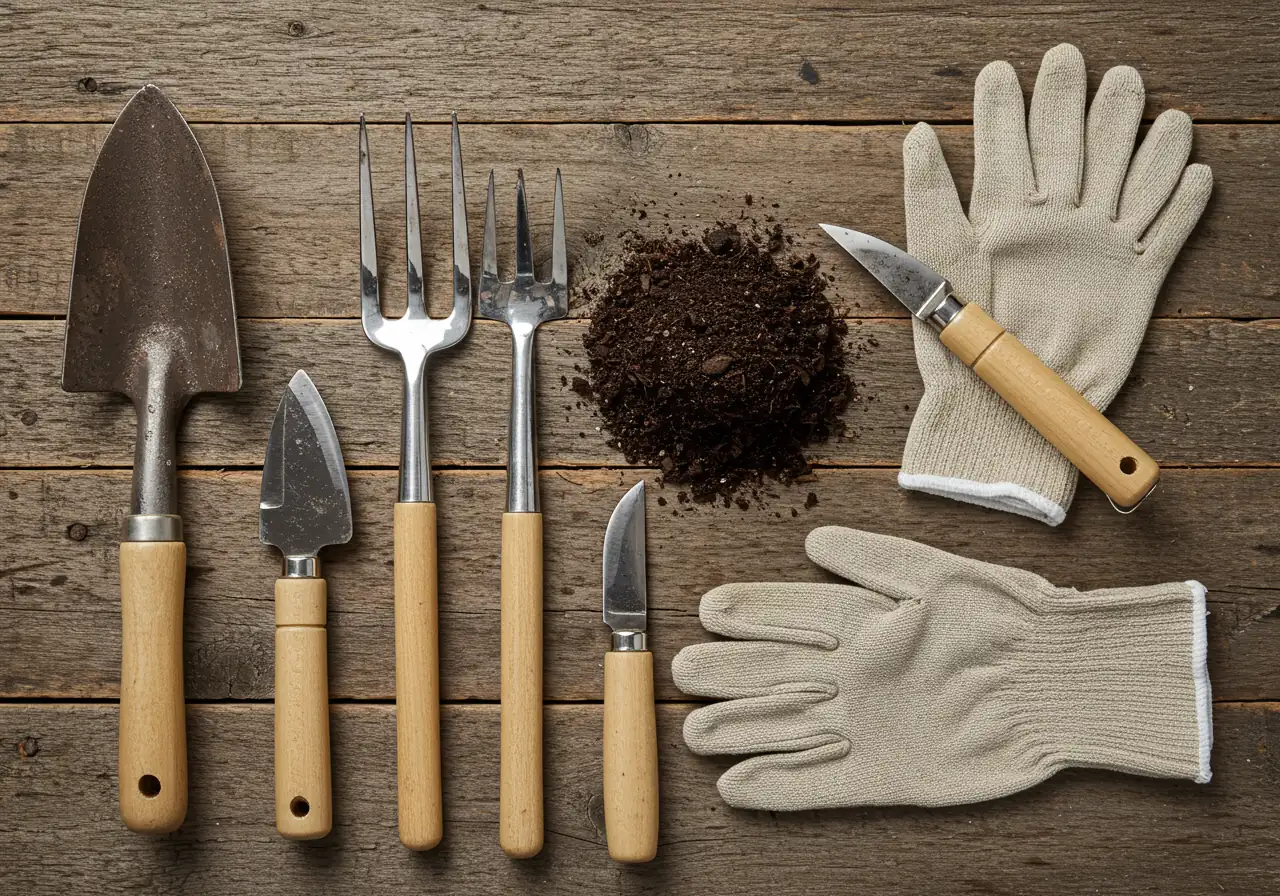 A clean, organized flat-lay arrangement of the essential tools mentioned for dividing perennials. This would include a sturdy spade, a digging fork, a sharp gardener's knife, all clean and resting on a simple background like a wooden garden bench or a patch of lawn. This visually reinforces the preparation step.