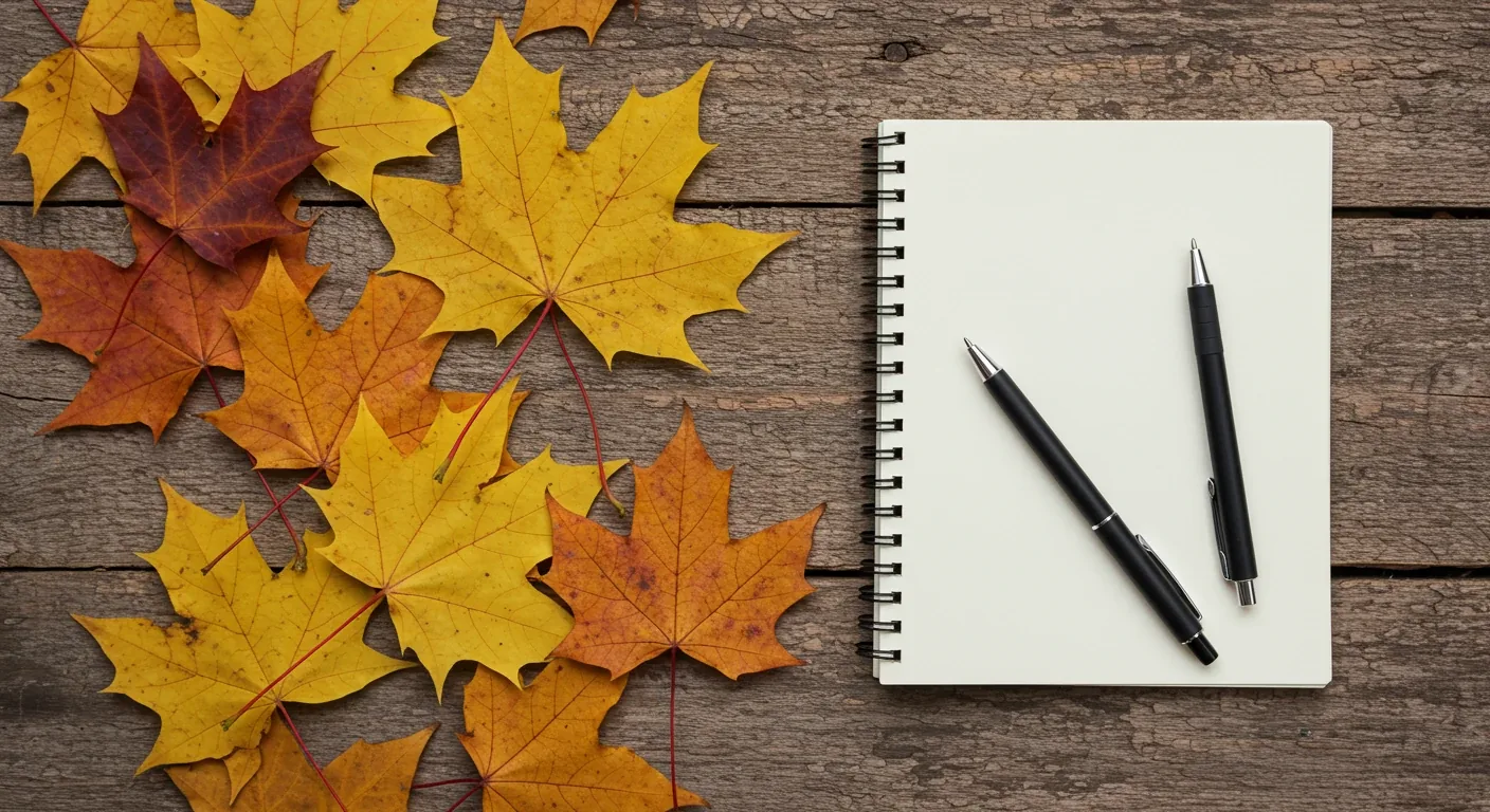 A visually appealing composition contrasting vibrant, colourful autumn leaves scattered on a rustic wooden garden table next to an open, simple notebook and pen, suggesting the transition from fleeting fall beauty to intentional garden record-keeping. The lighting should be soft autumn sunlight.