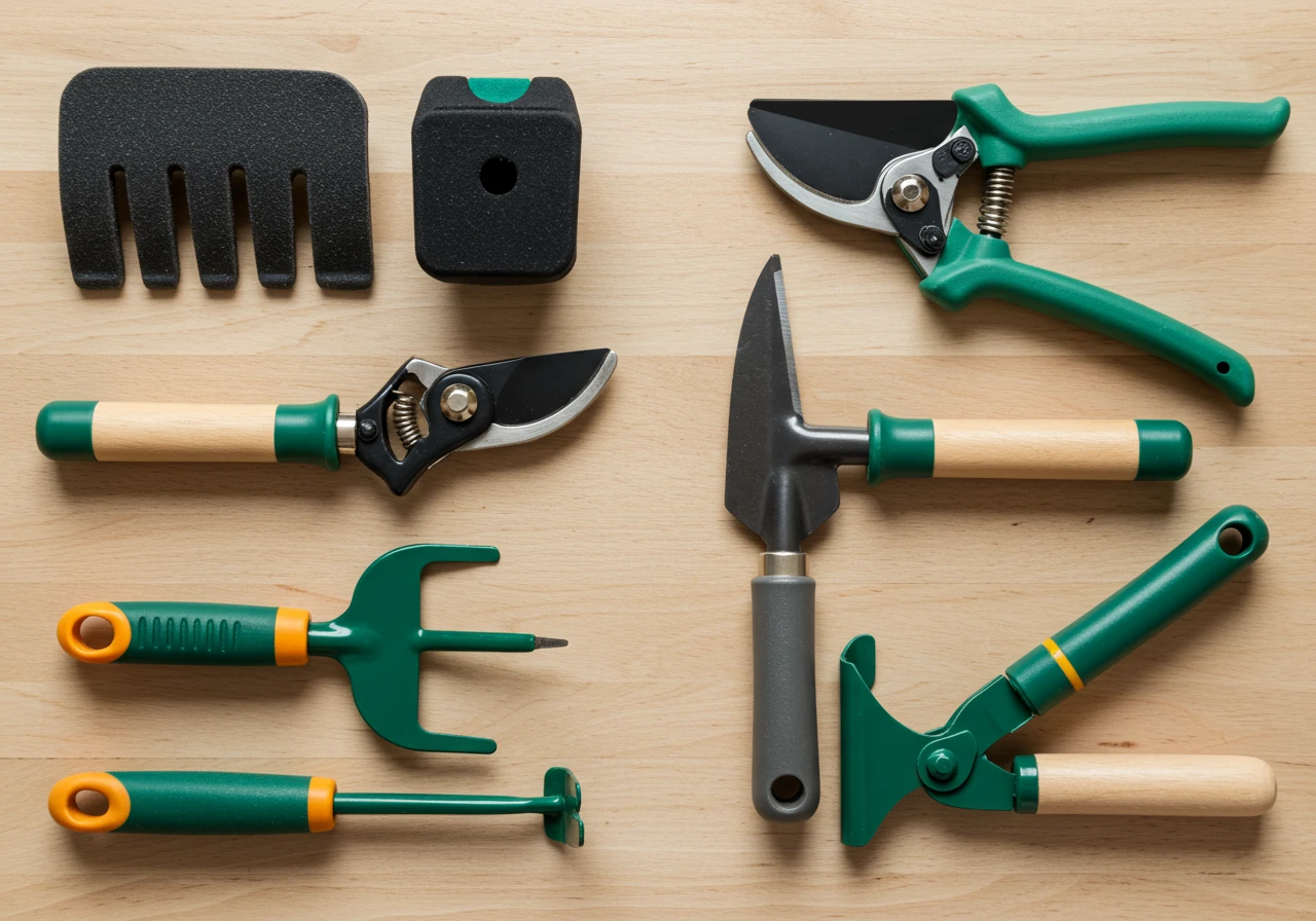 A flat-lay style photograph showcasing a variety of ergonomic gardening hand tools. Include a trowel with a curved, cushioned handle, bypass pruners with rotating grips, and a hand weeder with a distinctively comfortable grip, all neatly arranged on a clean wooden surface. Focus on the design features that reduce strain.