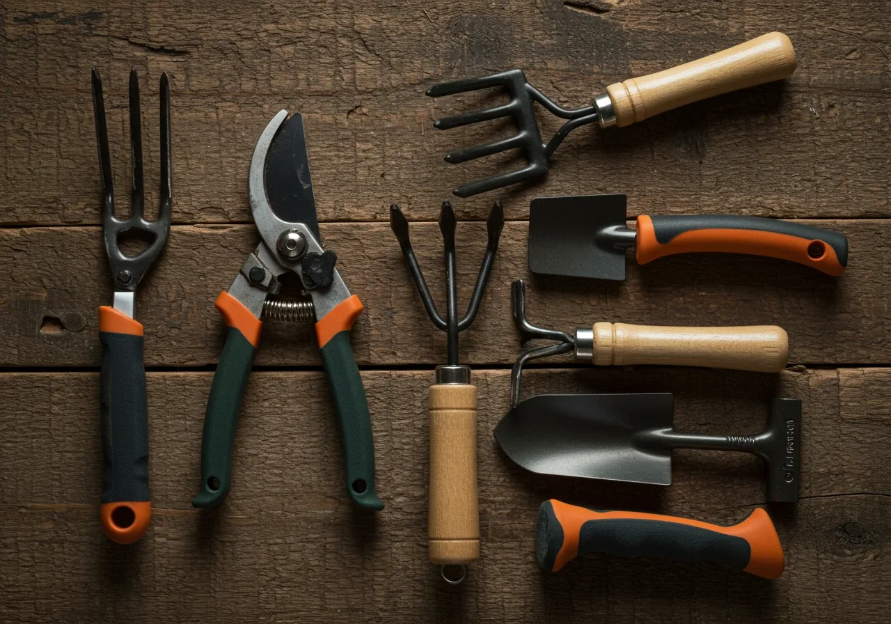 A well-composed flat lay showcasing a variety of ergonomic hand gardening tools arranged on a weathered wooden surface, like a potting bench. Includes bypass pruners with brightly colored cushioned grips, a trowel and a hand cultivator with contoured, non-slip handles, and perhaps a hand weeder with a unique leverage design. The focus is squarely on the different types of comfortable and efficient handle designs.
