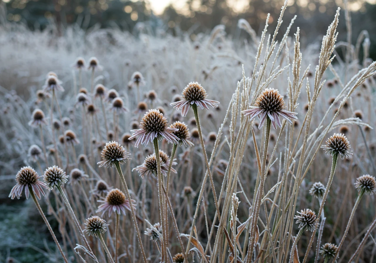 A photograph showcasing the concept of leaving some plant material for winter interest and wildlife. Tall, sturdy stems of ornamental grasses (like Feather Reed Grass) and the dark, rounded seed heads of Echinacea (coneflowers) stand prominently in a garden bed. They are lightly covered in frost or a dusting of fine snow, catching the soft, low angle light of a late autumn or early winter morning. The rest of the garden bed is relatively tidy, implying selective cleanup.
