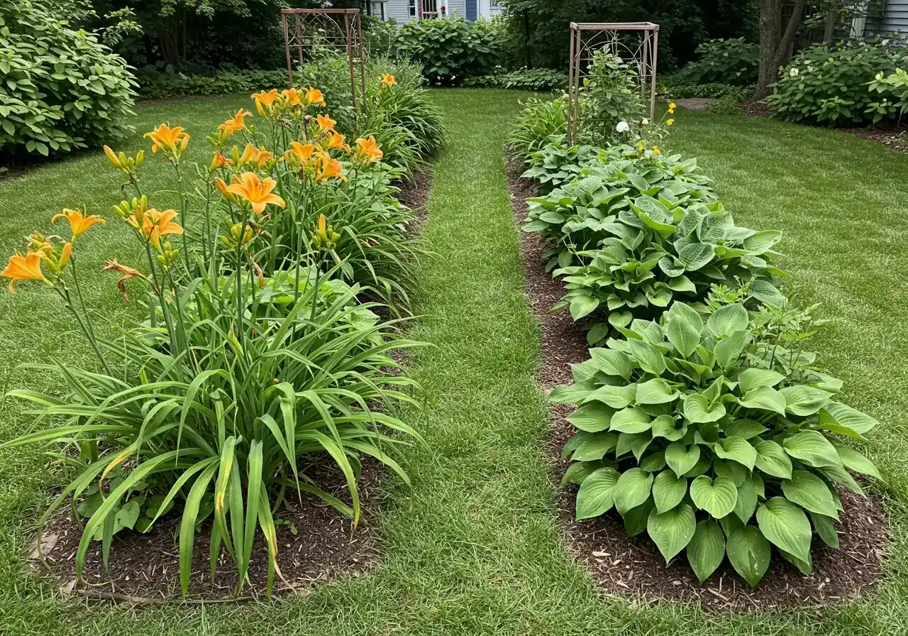 A garden bed scene illustrating Blunder #1. Show several mid-sized flowering perennials (e.g., Daylilies or Hostas) planted extremely close together on one side, looking cramped with overlapping leaves, contrasting with the same types of plants on the other side given proper mature spacing, looking healthy and well-formed.