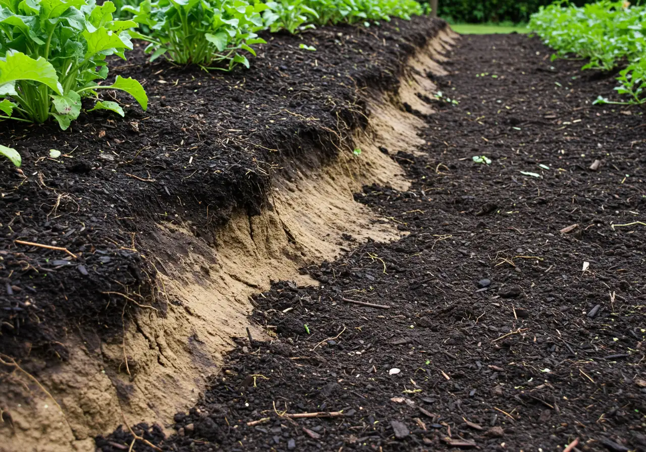 An image showing visible soil erosion in a sloping garden bed after heavy rain. Show rivulets or washed-out areas where dark topsoil and mulch have been visibly displaced, exposing lighter-colored subsoil underneath. Some nearby perennials might look slightly disturbed at the roots. Focus on the soil damage.