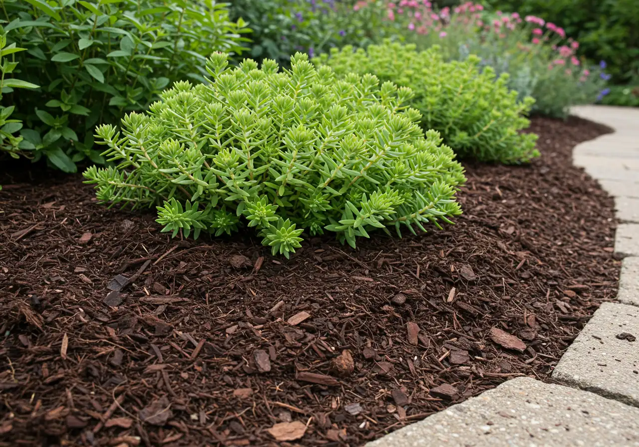 A garden scene showing the base of several healthy drought-tolerant plants (like Potentilla shrubs or Sedum) rising from a thick, even layer of dark shredded bark mulch. The image should emphasize the mulch coverage around the plants, showing it pulled back slightly from the stems, illustrating proper application and its clean, protective appearance.