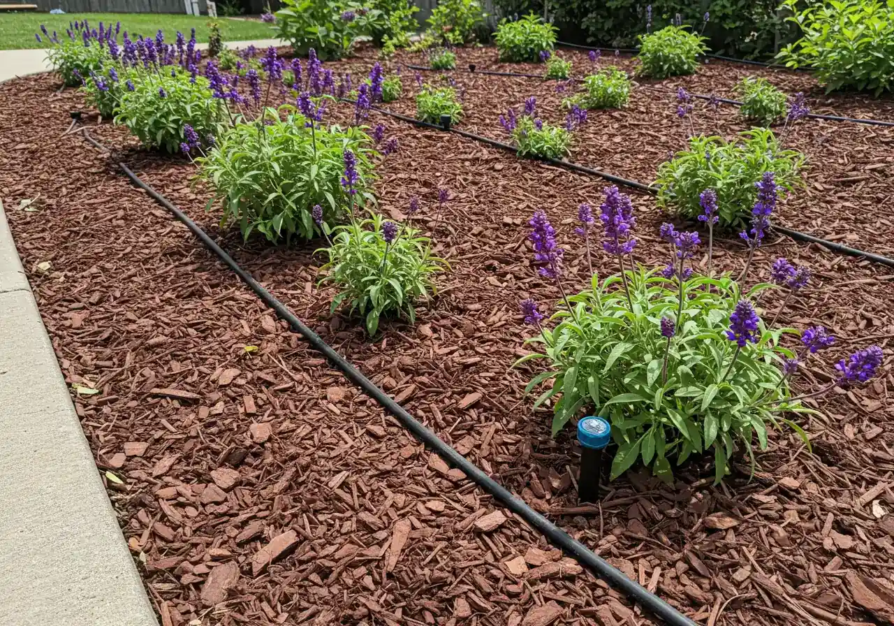 An overhead or slightly angled view of a well-maintained garden bed covered with a thick layer of dark brown shredded bark mulch. Black drip irrigation tubing is discreetly laid beneath the mulch, with only the emitters visible near the base of healthy, thriving flowering perennial plants (e.g., purple salvia or yellow coreopsis). Illustrates effective water retention and targeted watering.