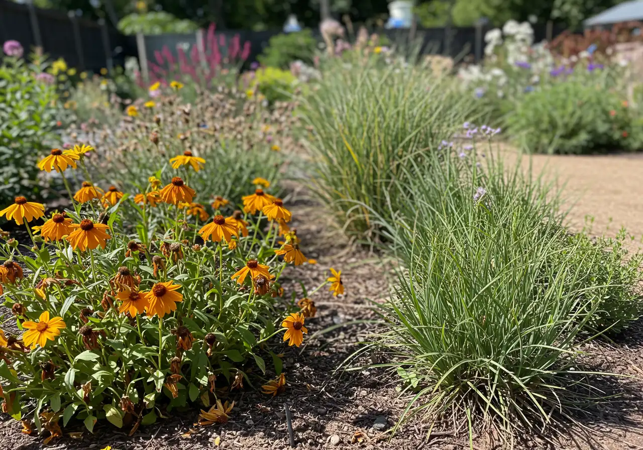 Illustrate wrong plant selection: A garden bed showing a stark contrast between wilted, heat-stressed annual flowers inappropriate for the sunny, dry location, drooping sadly next to robust, healthy drought-tolerant succulents or native ornamental grasses thriving in the exact same conditions. Focus on the visual difference in plant health.