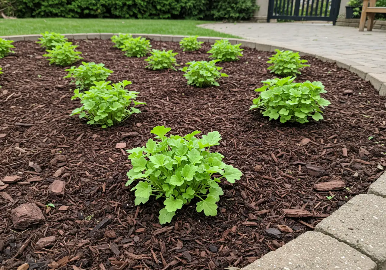 An image showcasing a garden bed with newly planted small perennials. A layer of dark brown shredded bark mulch is neatly applied around the base of the plants, leaving a small gap around the stems, illustrating proper mulching technique.
