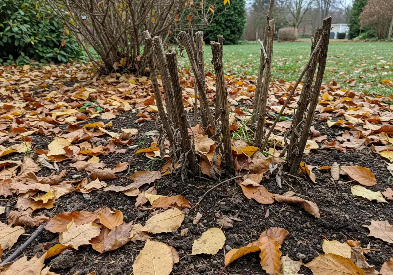 A visually appealing photograph capturing the corner of a garden bed in late fall, illustrating natural overwintering habitat for bees. Shows a layer of fallen autumn leaves partially covering the soil, with several dried, hollow perennial stems (like Joe Pye Weed or Asters) left standing. No snow is present, just the textures of dried plant matter and leaves under soft, overcast autumn light.