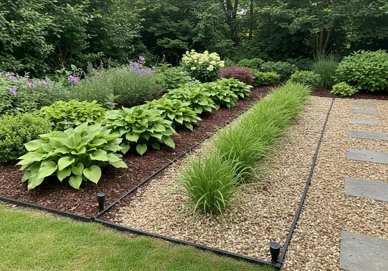 A landscape photograph illustrating the concept of hydrozoning. It shows two distinct, adjacent garden zones. One zone features lush, moisture-loving plants like hostas or ferns with dark bark mulch and visible drip lines. The other zone features drought-tolerant plants like ornamental grasses or succulents with gravel mulch and differently spaced drip lines, visually representing separate watering needs.