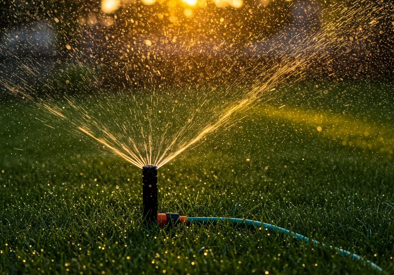 An image capturing effective lawn watering in action during the optimal time. It should show a sprinkler casting water droplets over a green lawn, bathed in the soft, golden light of early morning, emphasizing deep soaking.