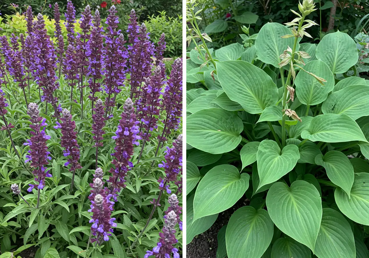 A side-by-side visual comparison within a garden setting. On the left, a dense cluster of purple Salvia nemorosa showing numerous upright flower spikes, some clearly having finished blooming (slightly faded/brown tips), representing a plant that benefits greatly from deadheading. On the right, a clump of Hosta plants focusing primarily on their lush, textured foliage, with a few tall, slender flower stalks bearing small, faded lavender blooms, representing a plant where deadheading flowers is optional and done mostly for tidiness rather than re-blooming.
