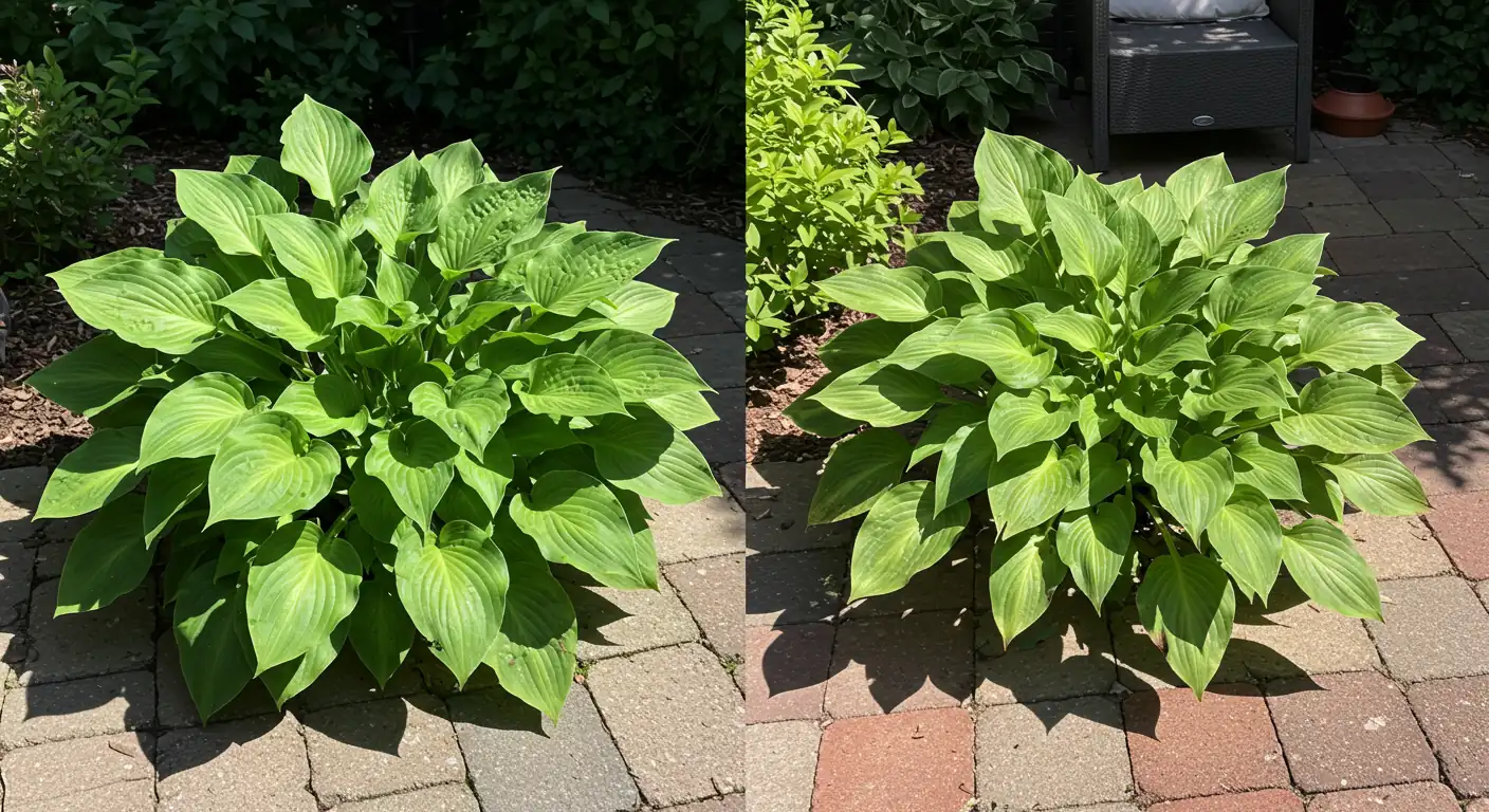 A side-by-side visual comparison within a single garden scene. On one side, under the cool shade cast by a house or large shrub, a lush, vibrant green Hosta plant thrives. On the other side, just a few feet away in harsh, direct sunlight next to a heat-reflecting paver patio or light-colored wall, an identical Hosta variety appears stressed, with paler, slightly wilted leaves, demonstrating the stark impact of microclimates.